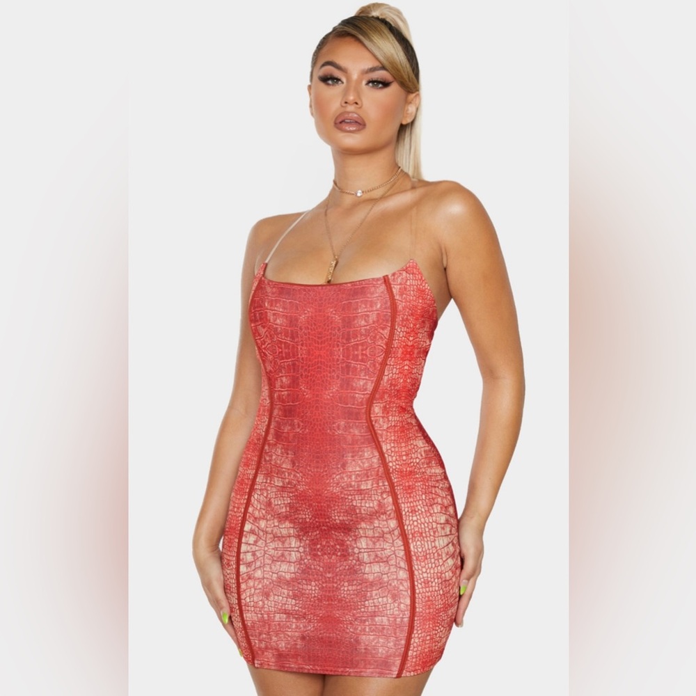 Red Snake Print Binded Detail Clear Strap Bodycon Dress